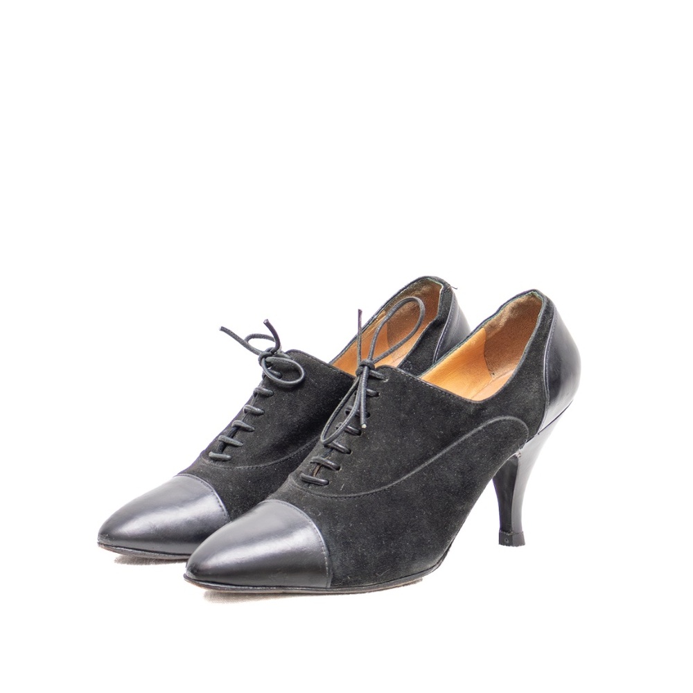 Hermès Derby Black Suede &‎ Leather Lace-Up Heels — Size 35.5 EU / 5.5 US / 3 U